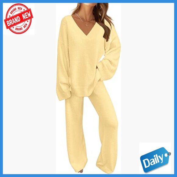 Fuzzy Fleece Loungewear Set V-Neck Sweater Wide Leg Pants Size Large